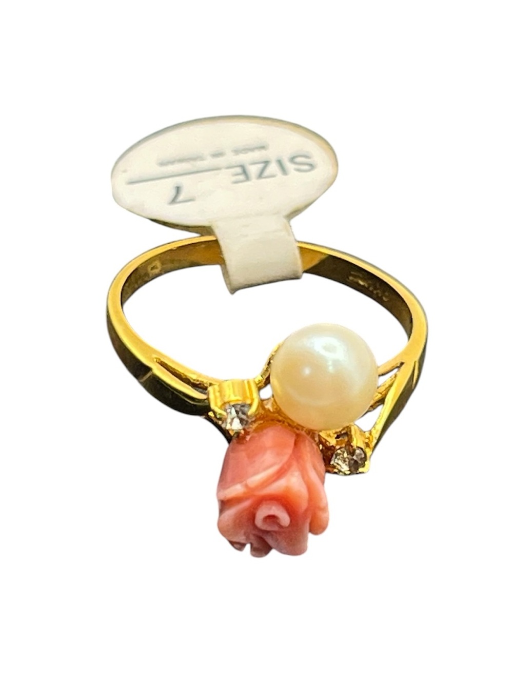 18k gold electroplate faux pearl faux coral flower vintage ring size 7